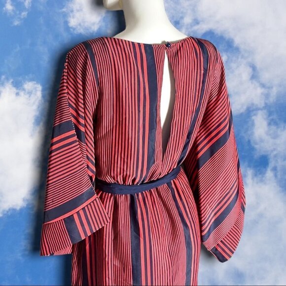 MAUDE Anthropologie Bell Sleeve Striped babydoll Mini Dress Orange & Navy Medium - Picture 5 of 15